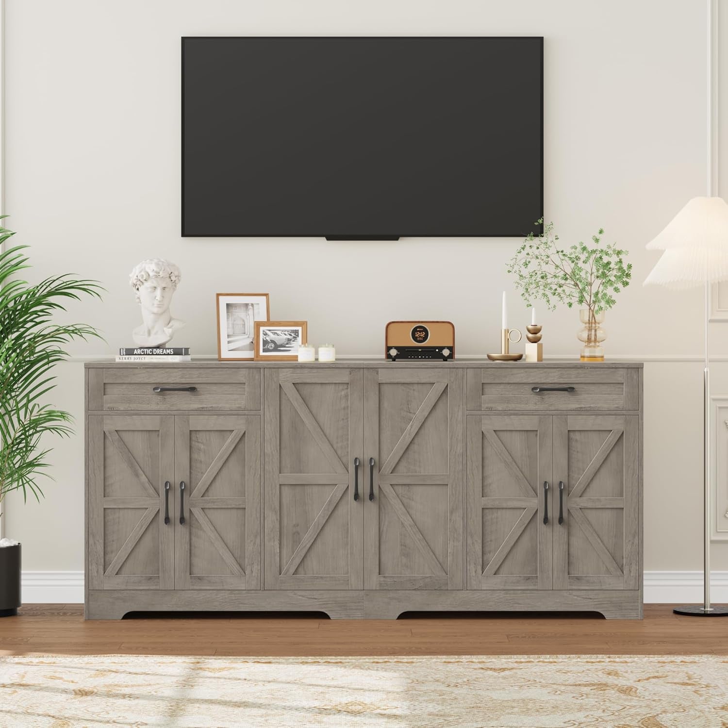 71” Large Sideboard Buffet Cabinet with Storage, Farmhouse Kitchen Buffet Cabinet with Adjustable Shelves and 6 Barn Doors, Wood Coffee Wine Bar Console Table, White, Ash Grey (Ash Grey)