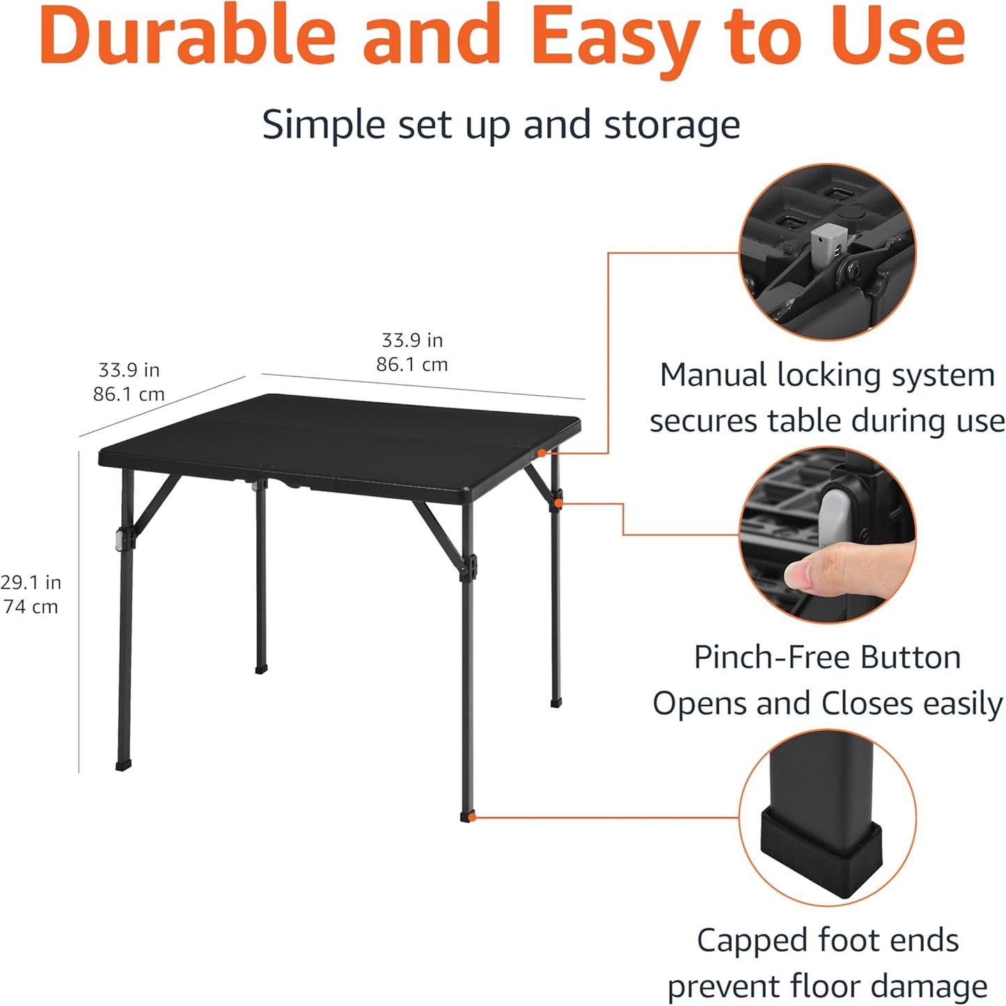 34 Inch Portable Folding Dining Table with Carrying Handle, Black, 33.9 X 29.1 X 33.9 Inch, Square