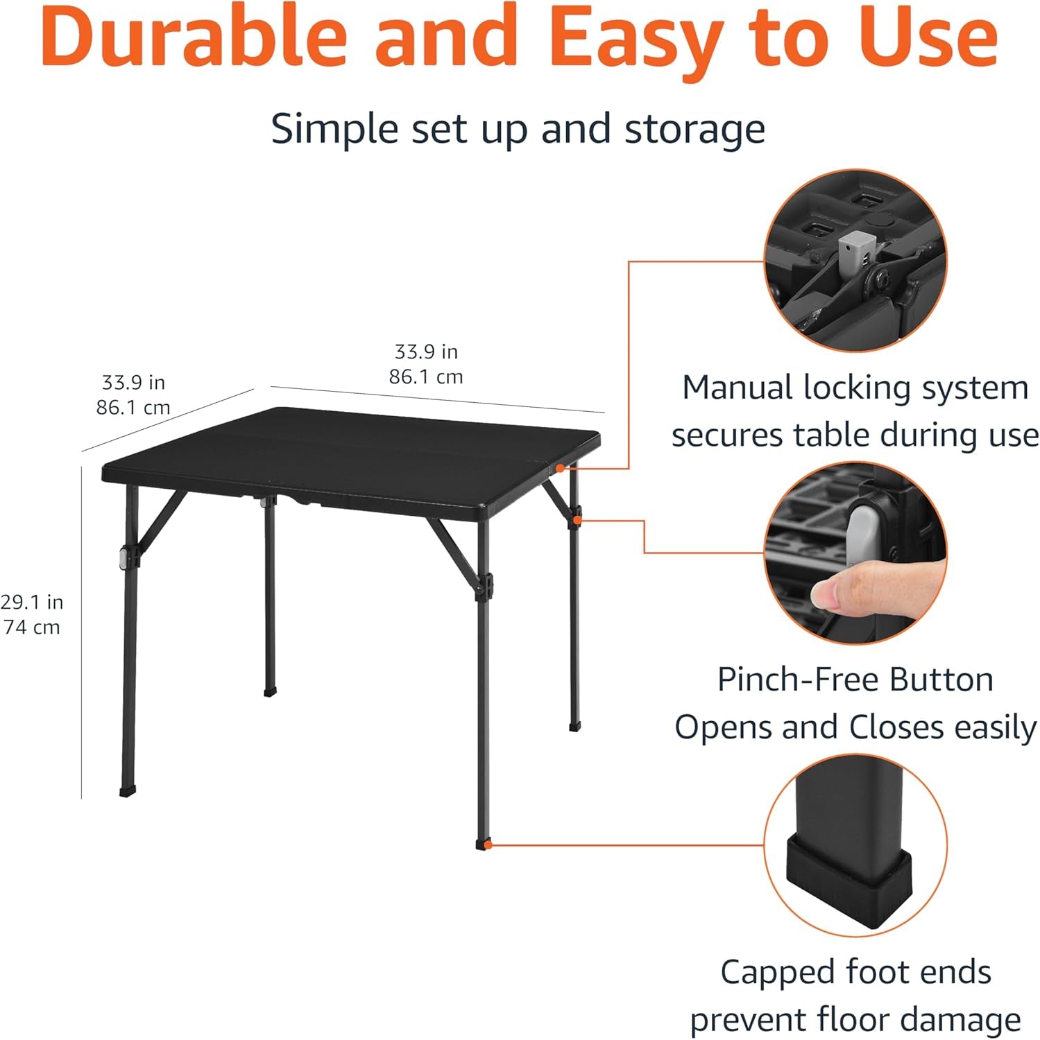 34 Inch Portable Folding Dining Table with Carrying Handle, Black, 33.9 X 29.1 X 33.9 Inch, Square