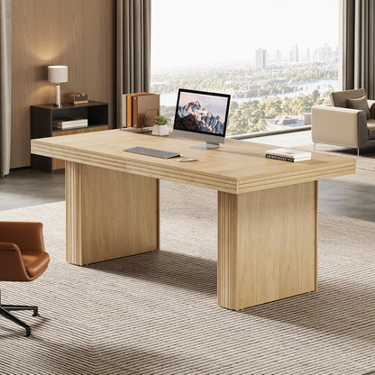 63" Executive Desk, Modern Executive Office Desk with Thickened Desktop and Heavy-Duty Legs, Wood Writing Workstation Study Table Conference Table for Office, Natural