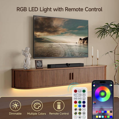 63" Floating TV Stand with Power Outlet for Tvs up to 75", Fluted Entertainment Center with Remote Control for LED Lights, Mid-Century Modern TV Console W/Sliding Door for Living Room, Bedroom Walnut