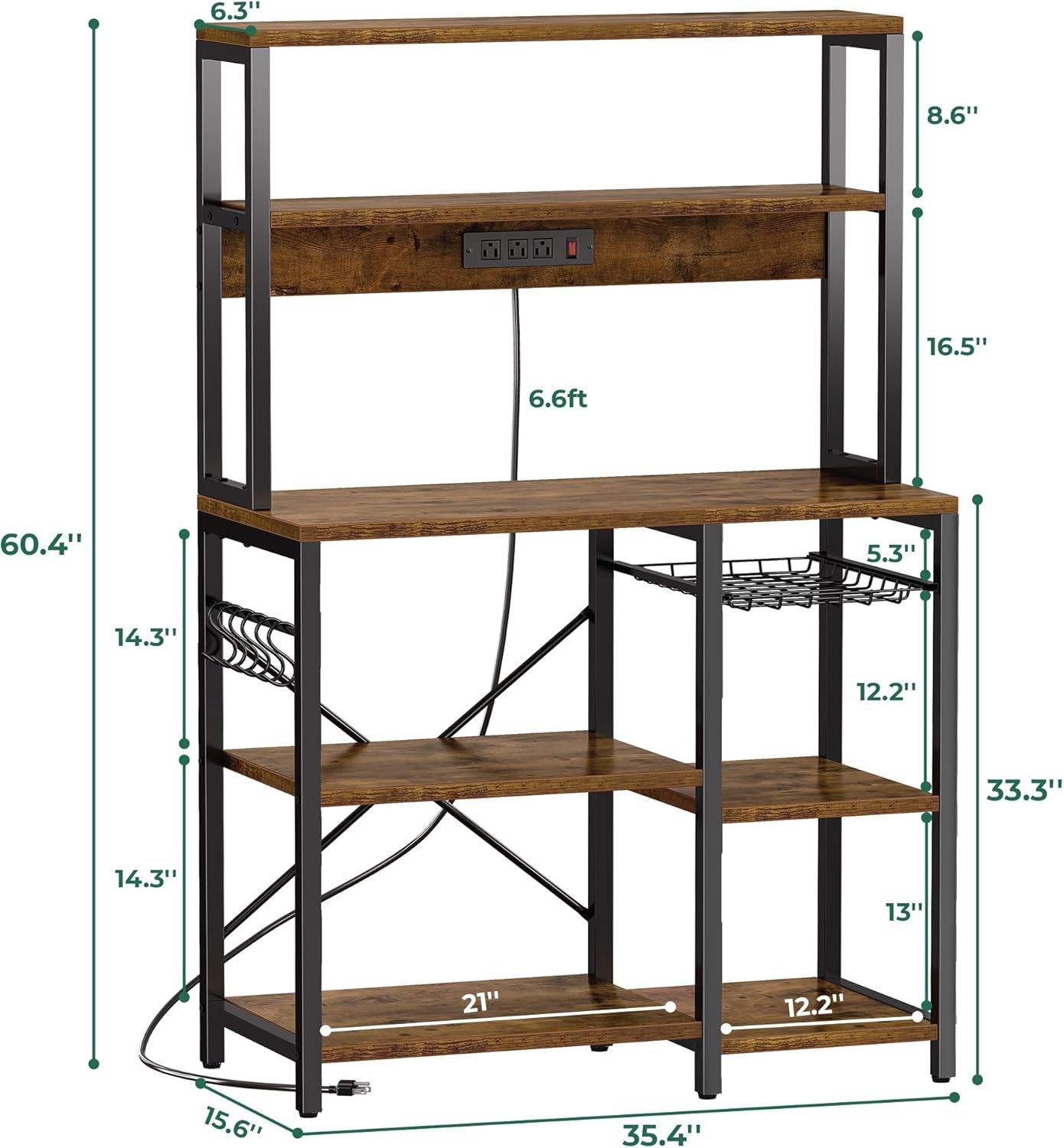 Bakers Rack with Power Outlet, 35.4 Inches Coffee Bar with Wire Basket, Kitchen Microwave Stand with 6 S-Shaped Hooks, Open Storage Shelves, Rustic Brown