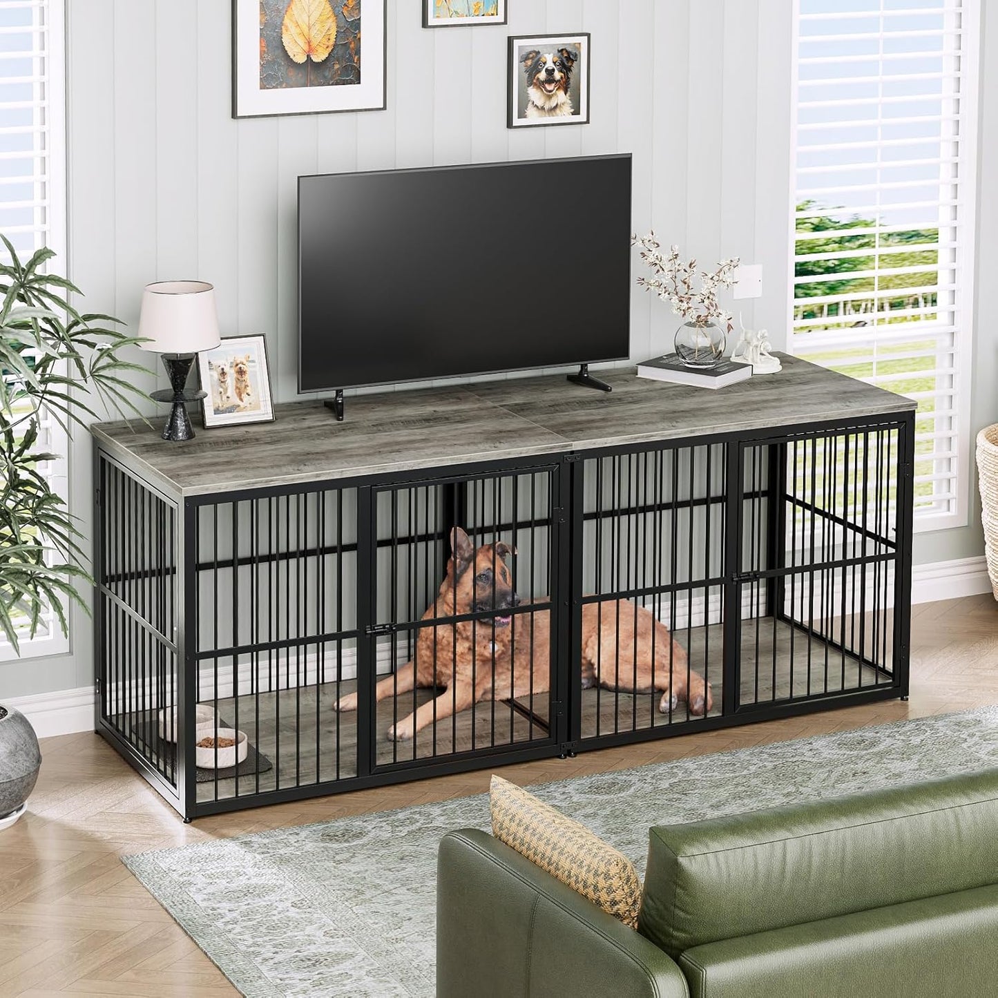 86'' Dog Crate Furniture Large Breed TV Stand for 2 Large Dogs, Double Wooden Crate Pet Cage with Removable Divider, Indoor Heavy Duty Kennel Corner End Table, Can Use Separately, Grey