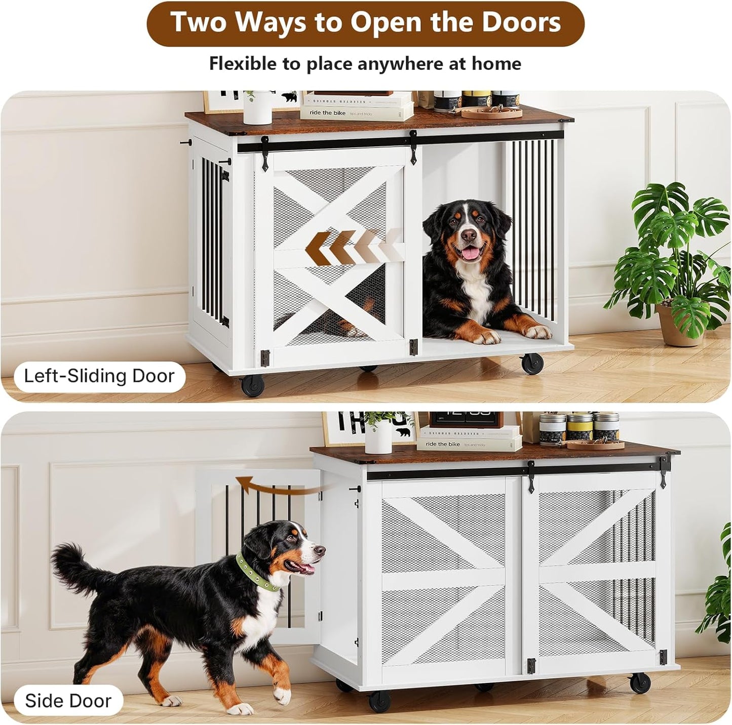 48 Inch XL Dog Crate, Wood XXL Dog Crate Furniture with Wheels, Flip-Top Feeding Door, Removable Divider, Farmhouse End Table Dog Crate with Sliding Barn Door, White