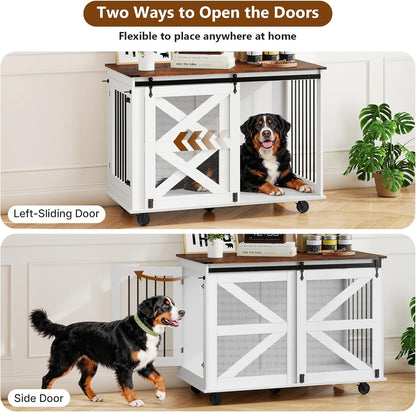 48 Inch XL Dog Crate, Wood XXL Dog Crate Furniture with Wheels, Flip-Top Feeding Door, Removable Divider, Farmhouse End Table Dog Crate with Sliding Barn Door, White
