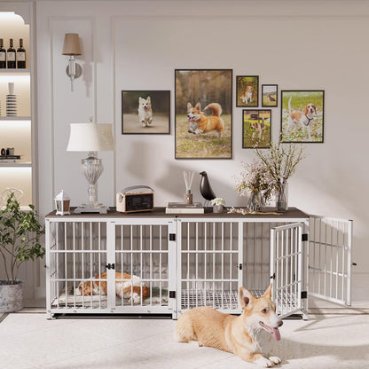 Heavy Duty Dog Crate Furniture: 72Inch Extra Large End Table Style Doggie Crates with Three Doors - inside Modern Big TV Stand Style Puppy Wooden Kennel with Removable Tray for Medium Large Dogs White