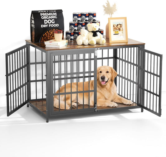 48 Inch Large Dog Crate End Table, Heavy Duty Furniture Kennel for Medium to Large Dogs with Multiple Locks, Wooden Pet Cage, Aged Black