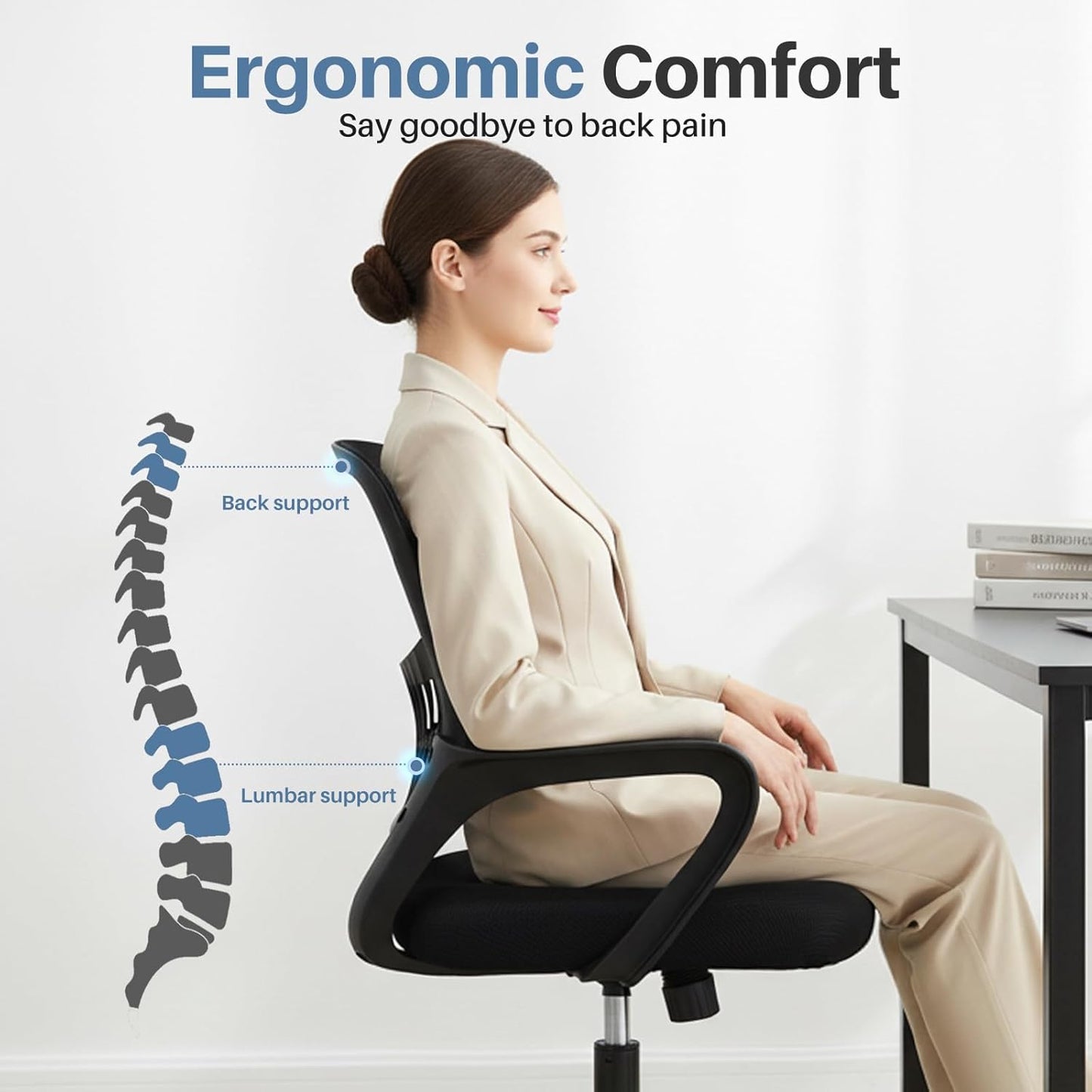 Home Office Computer Chair - Ergonomic Mid Back Desk with Lumbar Support and Rocking Mode, Height Adjustable with Fixed Armrest, for Conference Meeting Room, 360° Swivel, Adults, Black