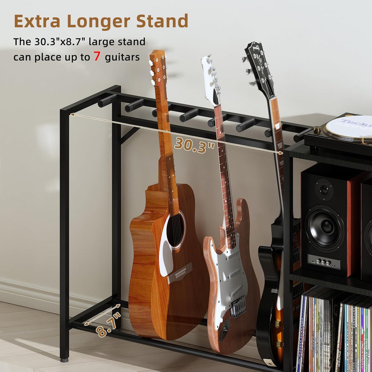 Record Player Stand with Guitar Stand, Record Player Table with Guitar Rack, Guitar Holder 7 Space for Multiple Guitars, Bass, Acoustic, Guitar Display for Home Music Studio, Black