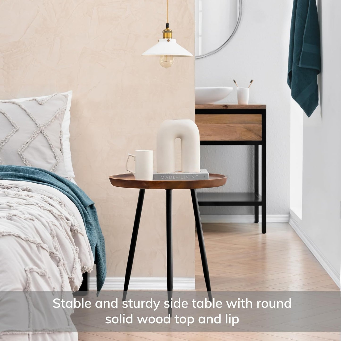 Modern Side Table-Dilan Tri Pin End Table. Exclusively Designed Hand-Crafted Small Nightstand. Solid Wood round End Table.Contemporary Accent Table for Bedrooms, Living Rooms and Home Office