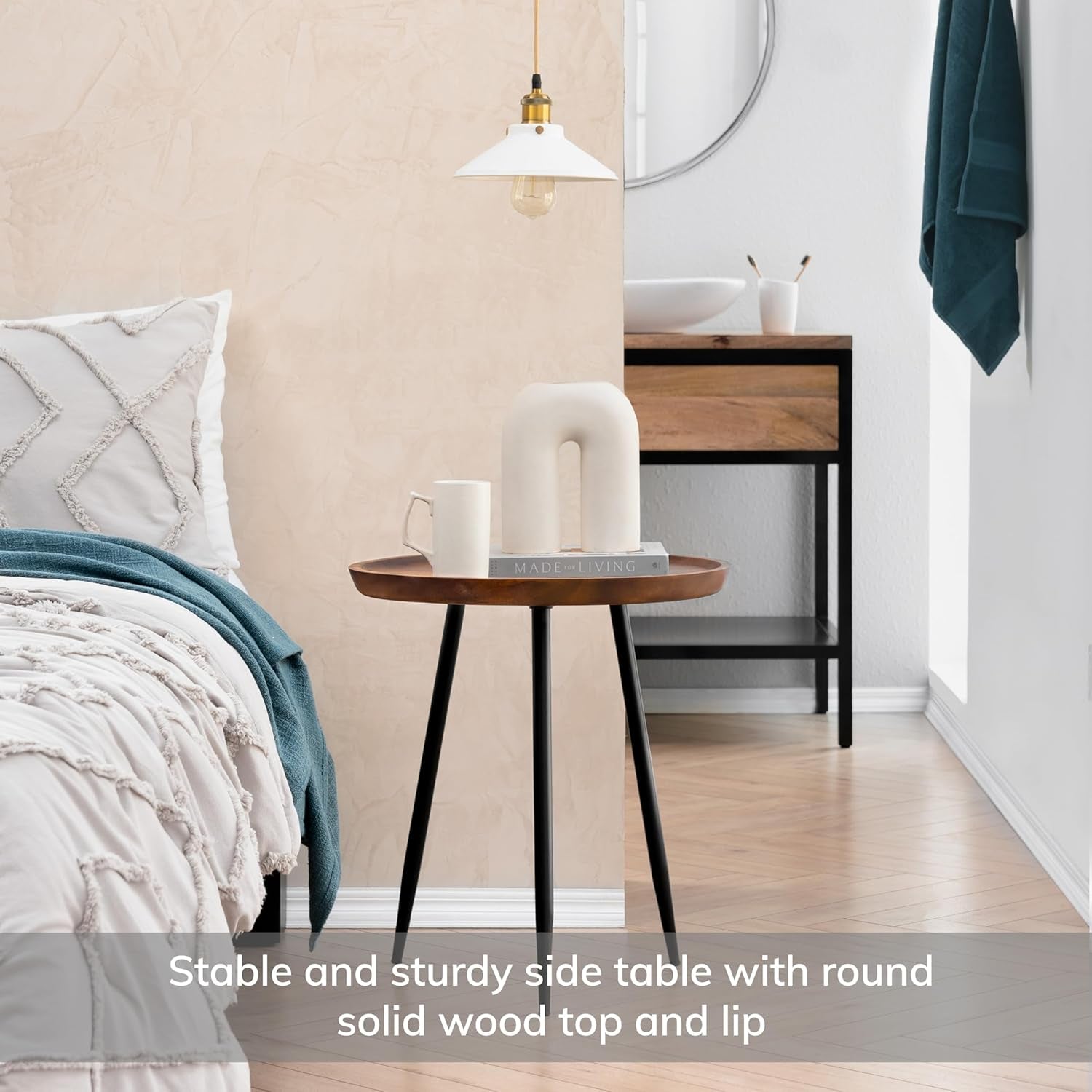 Modern Side Table-Dilan Tri Pin End Table. Exclusively Designed Hand-Crafted Small Nightstand. Solid Wood round End Table.Contemporary Accent Table for Bedrooms, Living Rooms and Home Office