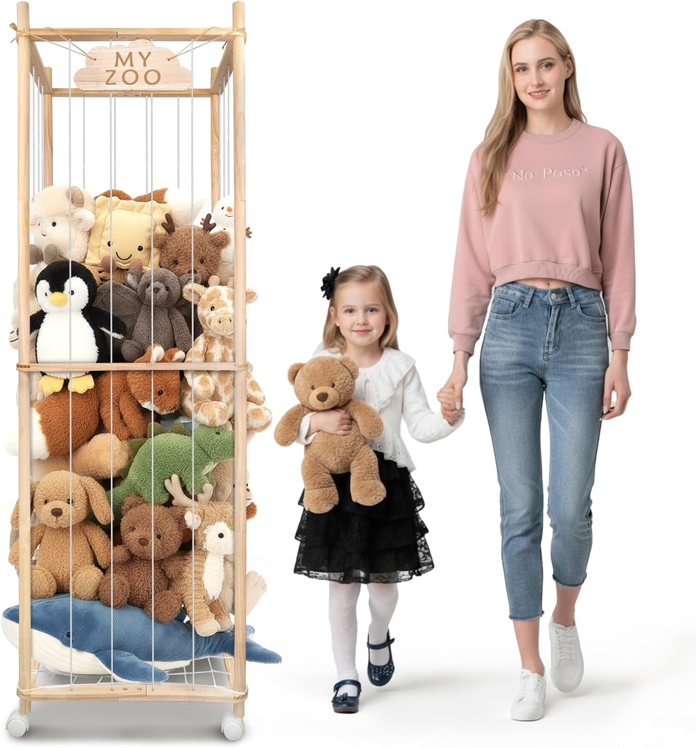 Stuffed Animal Storage Zoo with Wheels, 63'' Tall Large Wooden Plushies Storage Stuffed Animals Holder, Plush Toy Organizer Stuff Animal Zoo with Elastic Band and Net for Toddlers Playroom, Bedroom