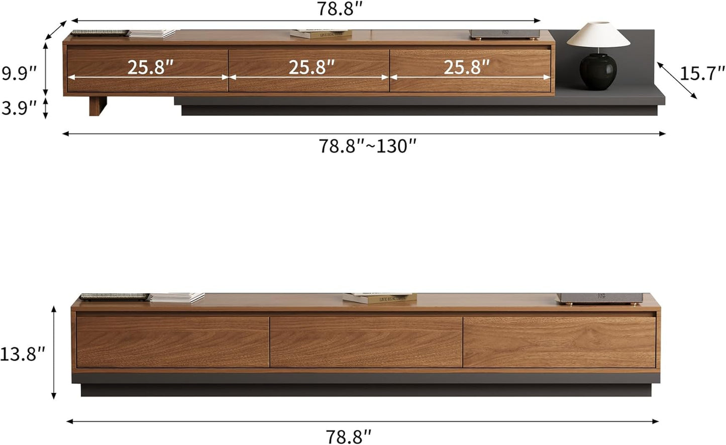 Adjustable TV Stand with 3 Drawers - Mid-Century Modern Extendable Entertainment Center for Living Room or Bedroom(78.7–130"), Stylish Walnut Media Console