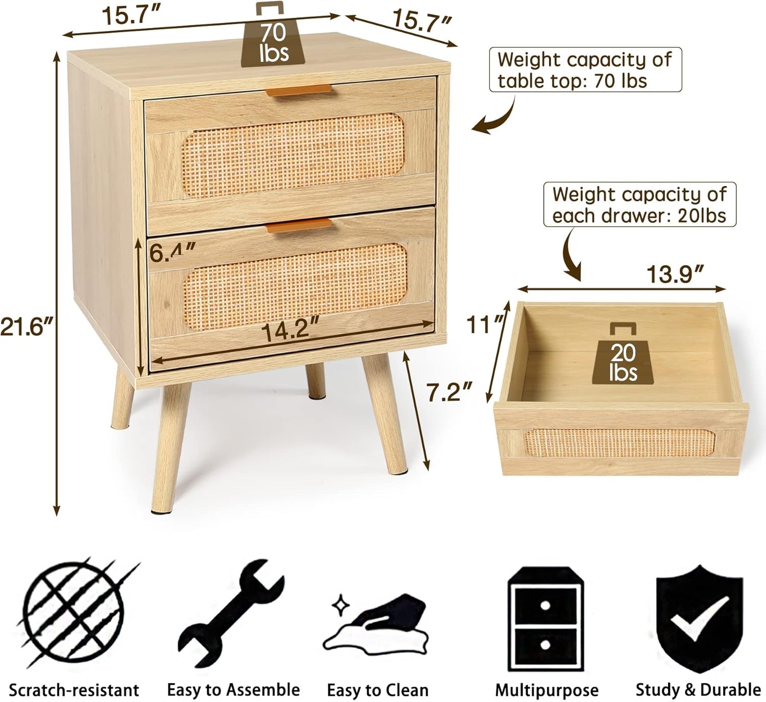 Nightstands Set of 2 with Rattan Drawer, Modern Night Stand for Bedrooms, Wooden 2 Drawer Bedside Table Side Table for Small Place and Bedroom (Brown, 2 Drawers 2 Pack)