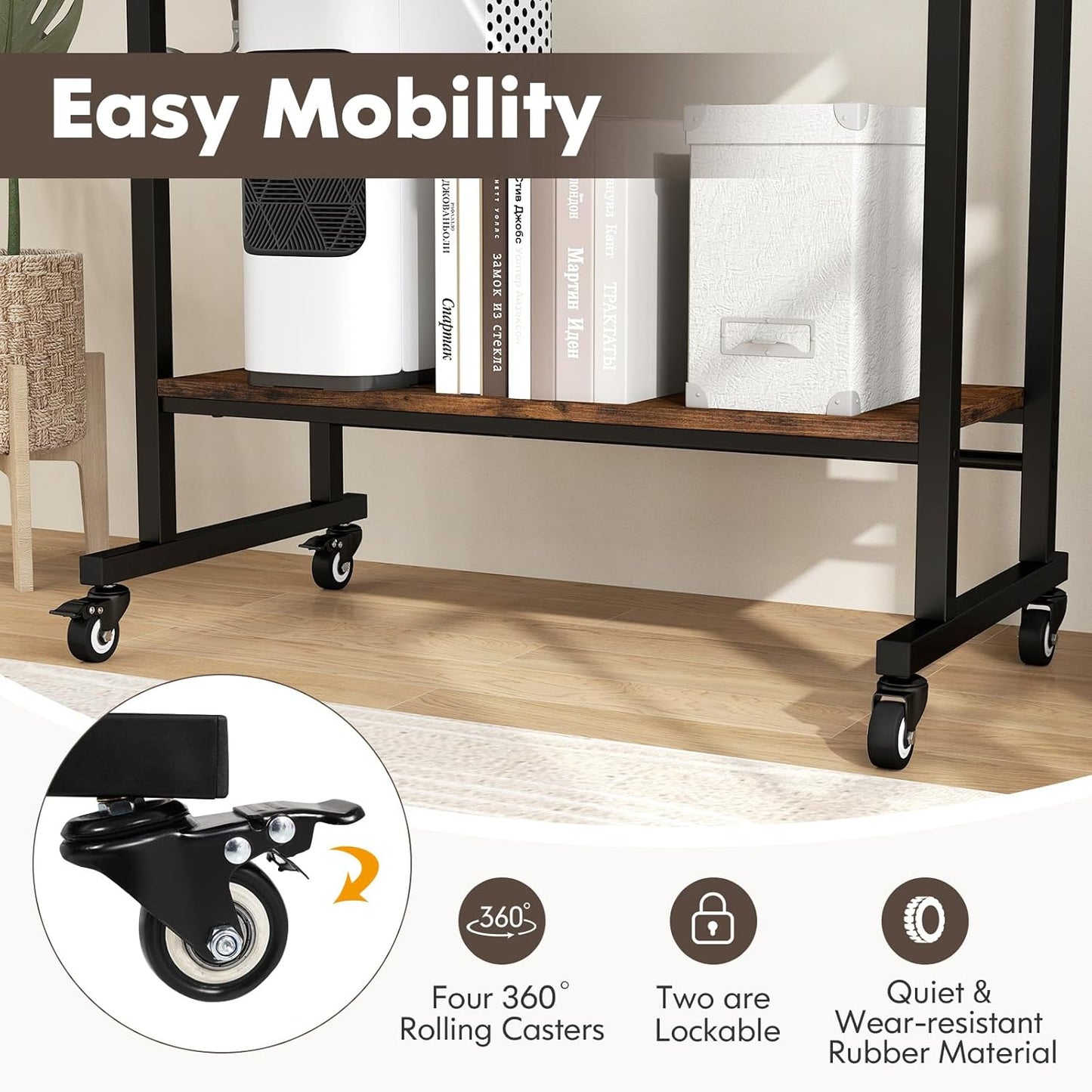 Rolling Computer Desk Cart with Keyboard Tray, Mobile Portable Laptop PC Desk with CPU Stand & 3 Hooks for Sofa & Bed, Industrial Small Desk on Wheels for Small Spaces, Home Office Desk