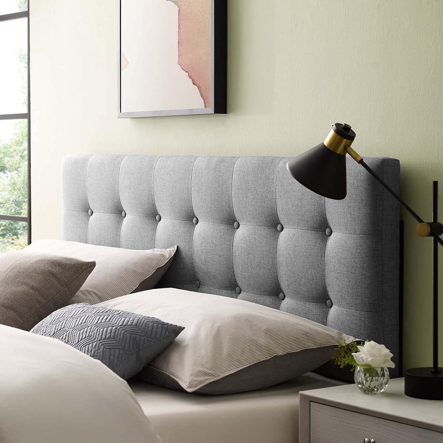 Emily Tufted Button Linen Fabric Upholstered Full Headboard in Gray