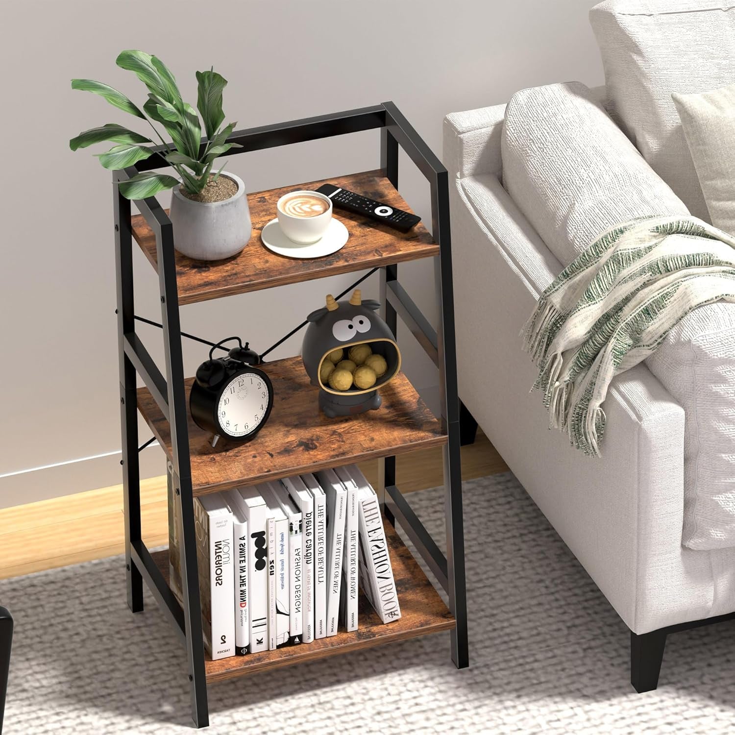 3-Tier Bookshelf, Ladder Shelf for Small Spaces, Industrial Short Bookshelf, Small Bookcase for Living Room, Bedroom, Home Office, Kitchen, 11.8 "D X 16.5" W X 31.3 "H, Rustic Brown