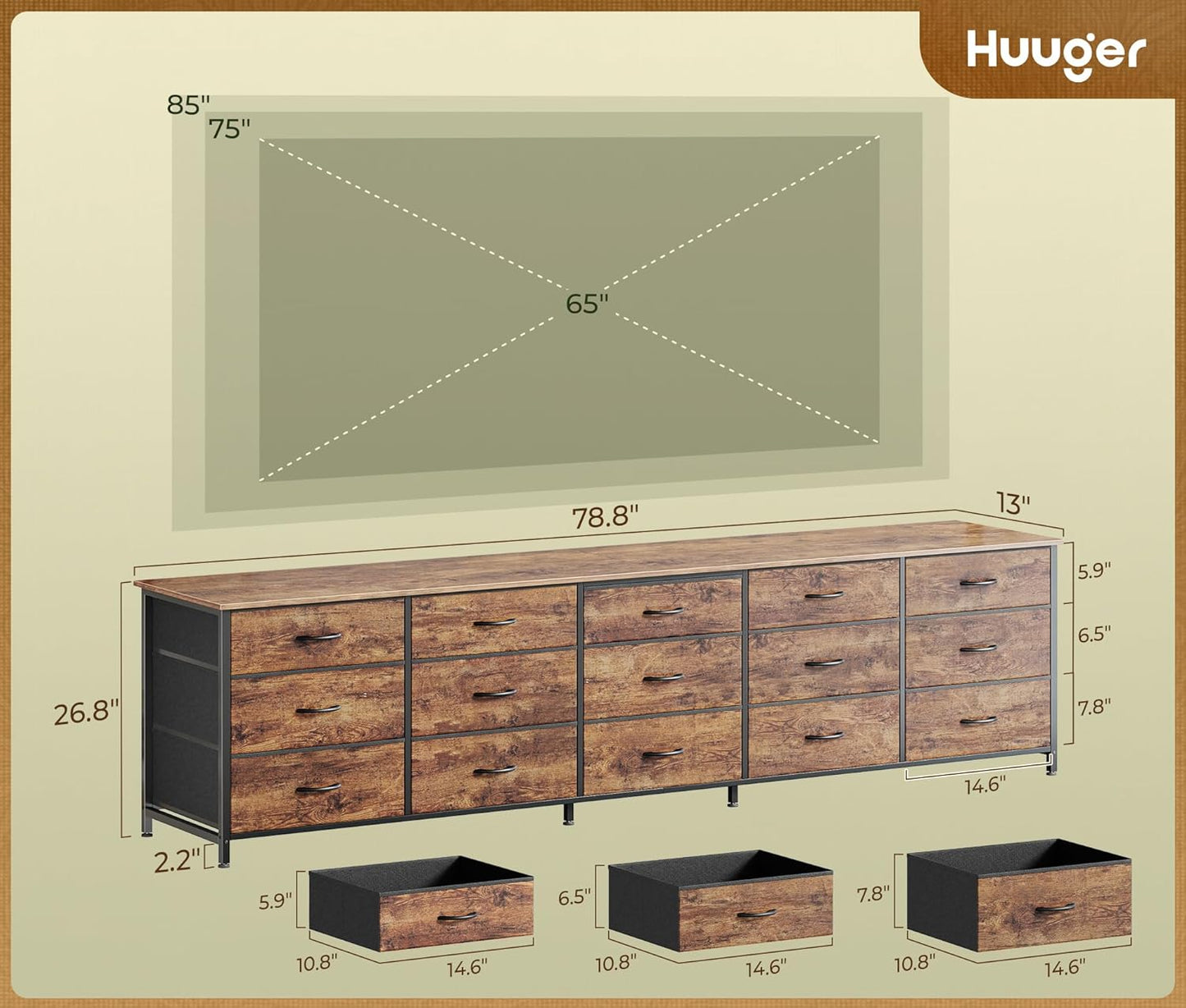 78.7 Inch Long Dresser for Bedroom, 15 Drawer Fabric Dresser for Closet, Large TV Stand for 65, 75, 85 Inch TV, Wide Chest of Drawer with Storage, 78.7" W X 12.9" D X 26.7" H, Rustic Brown