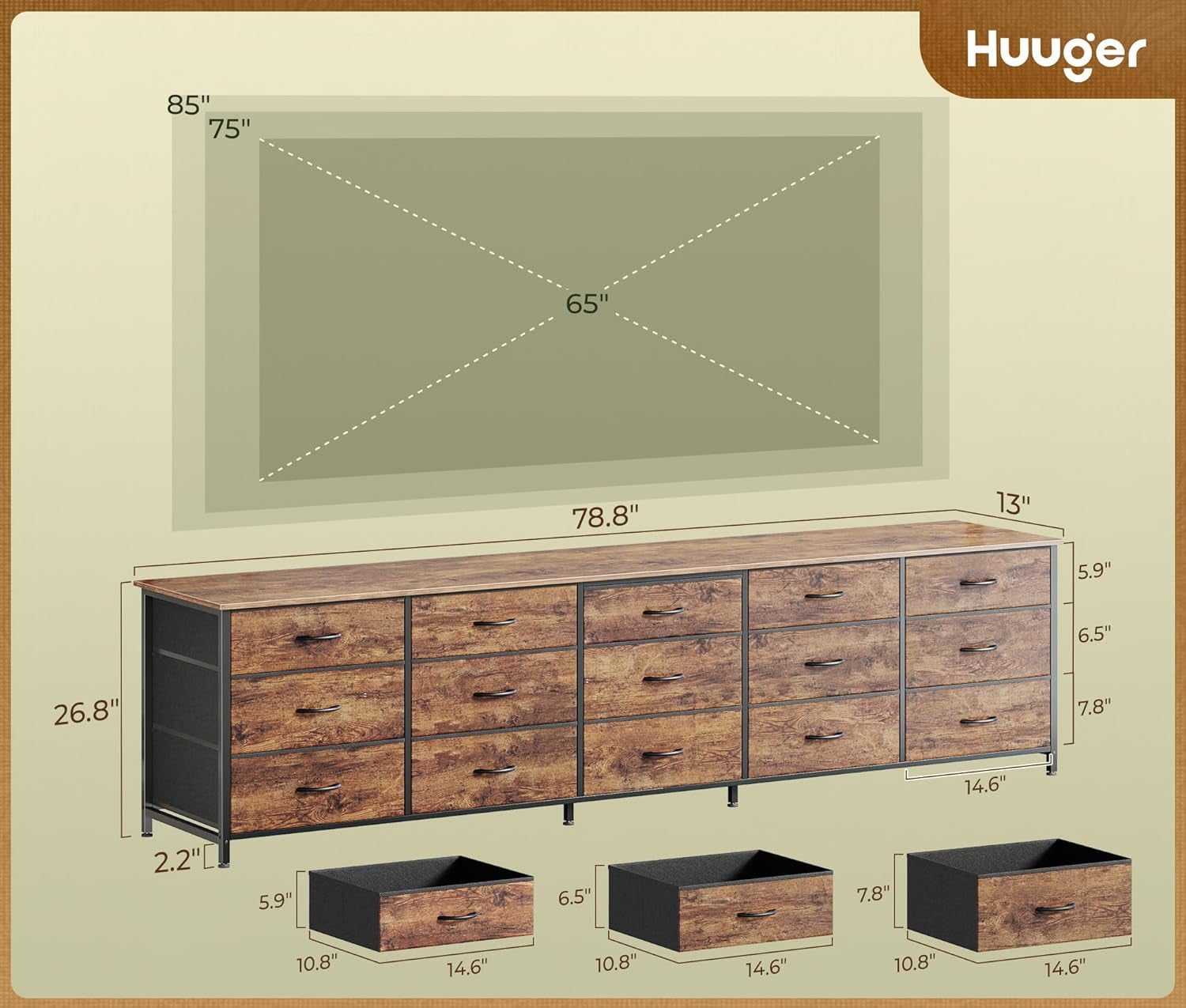 78.7 Inch Long Dresser for Bedroom, 15 Drawer Fabric Dresser for Closet, Large TV Stand for 65, 75, 85 Inch TV, Wide Chest of Drawer with Storage, 78.7" W X 12.9" D X 26.7" H, Rustic Brown