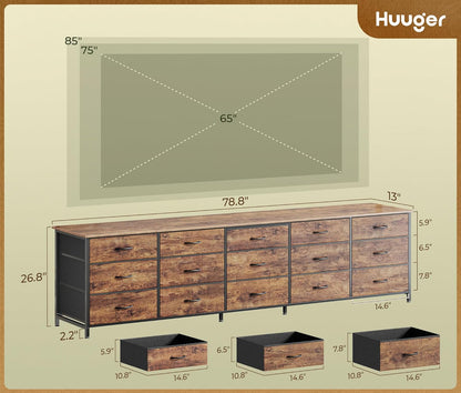 78.7 Inch Long Dresser for Bedroom, 15 Drawer Fabric Dresser for Closet, Large TV Stand for 65, 75, 85 Inch TV, Wide Chest of Drawer with Storage, 78.7" W X 12.9" D X 26.7" H, Rustic Brown