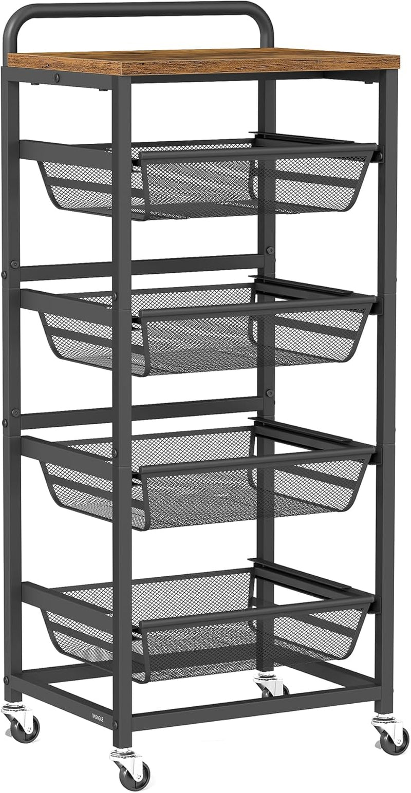 Storage Cart with Pull-Out Baskets, 5-Tier Kitchen Cart with Wheels, Handle, 12.5 X 15.8 X 37.4 Inches, Rustic Brown and Ink Black ULRC041K01