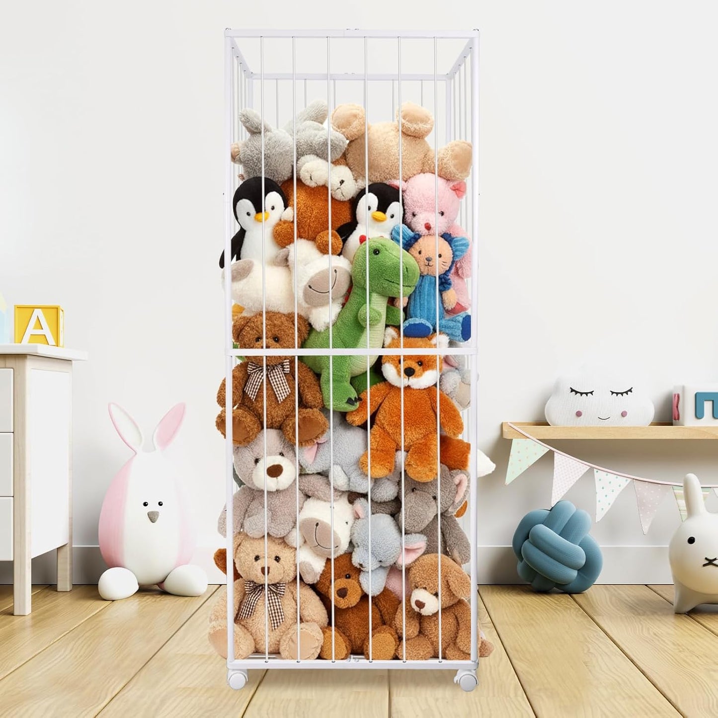 Stuffed Animal Storage, Metal Tube Extra Large Toy Storage Organizer with Brake Wheels, Stuffed Animal Holder Zoo Organizer for Nursery Playroom Kids Room White(61” X 23.6”X 16.5”)