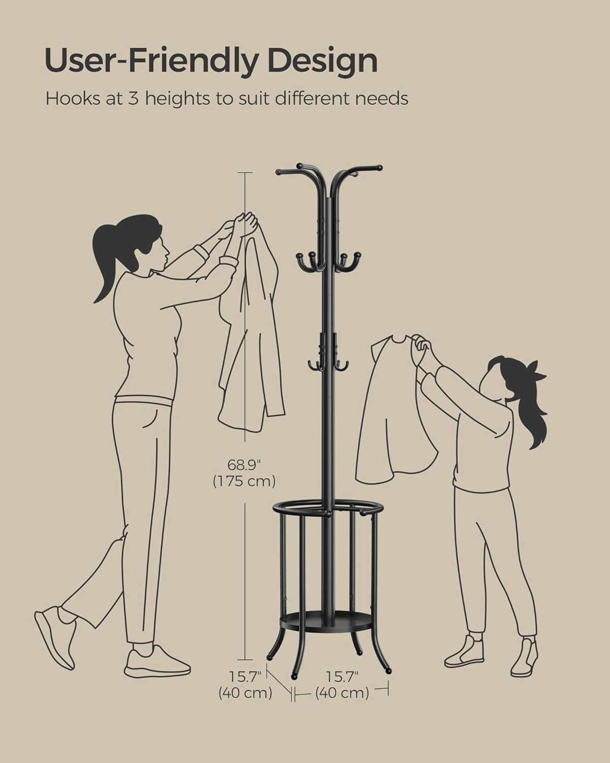 Coat Rack Freestanding, Coat Rack with Umbrella Holder with 12 Hooks, for Entryway, Hallway, Living Room, Bedroom, Ink Black URCR011B01