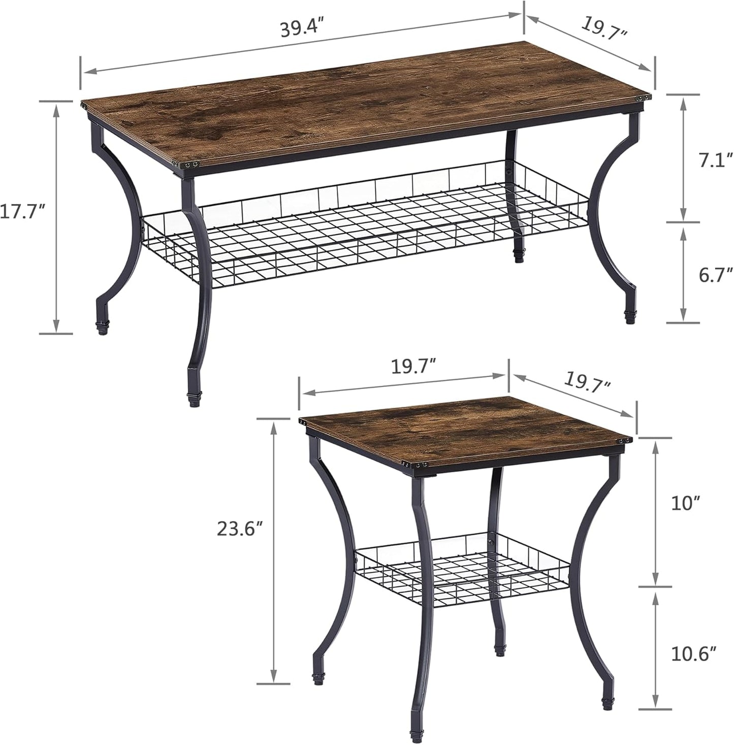 3 Pieces Living Room Table Sets, Coffee and End Tables with Open Storage Shelves for Apartment, Home Office, Small Space, Easy Assembly, Brown