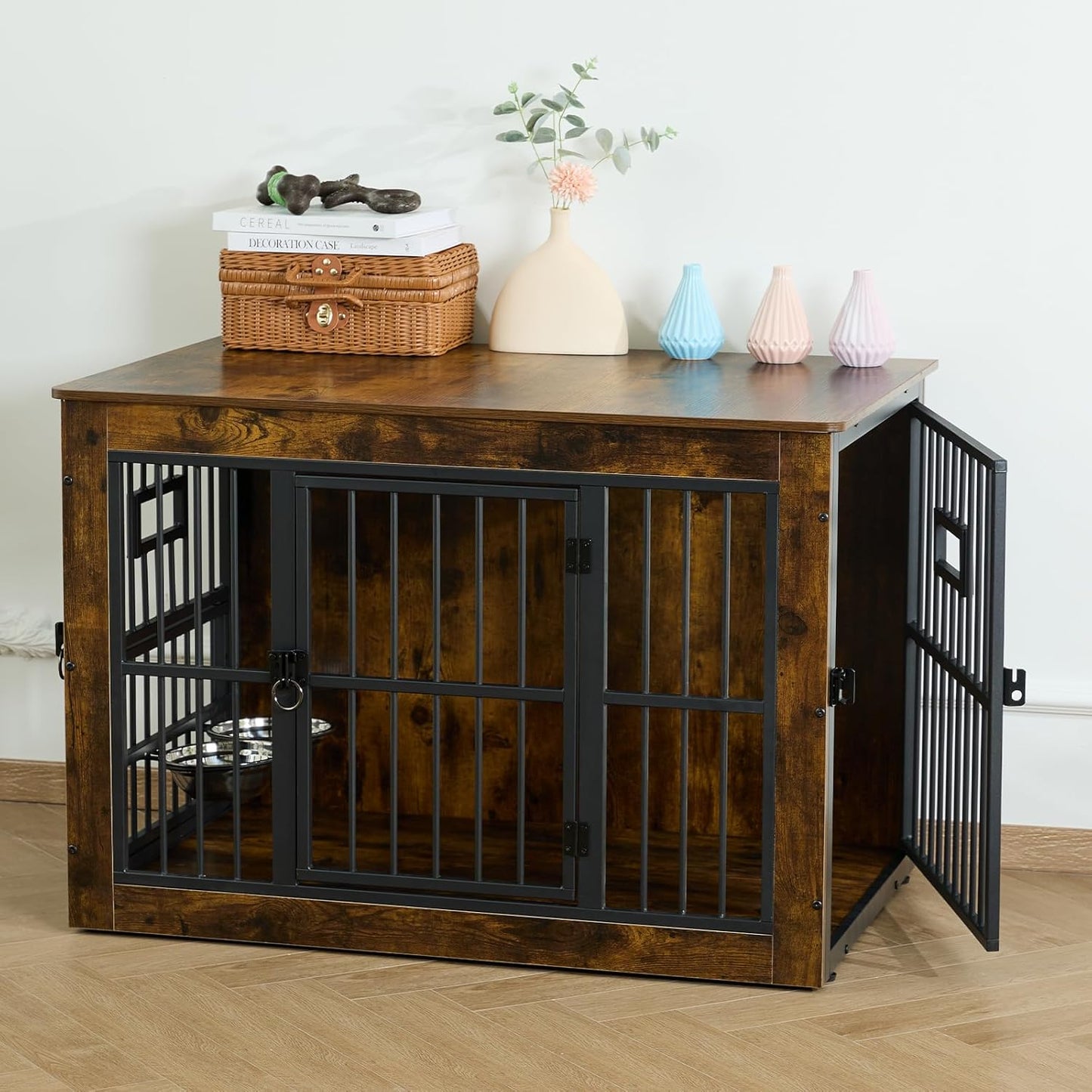 Dog Crate Furniture for Medium Dogs, 38.8 Inch Dog Kennel Indoor, Wooden Dog Cage End Table with 2 Removable Bowls, Heavy Duty Dog Crate, Rustic Brown