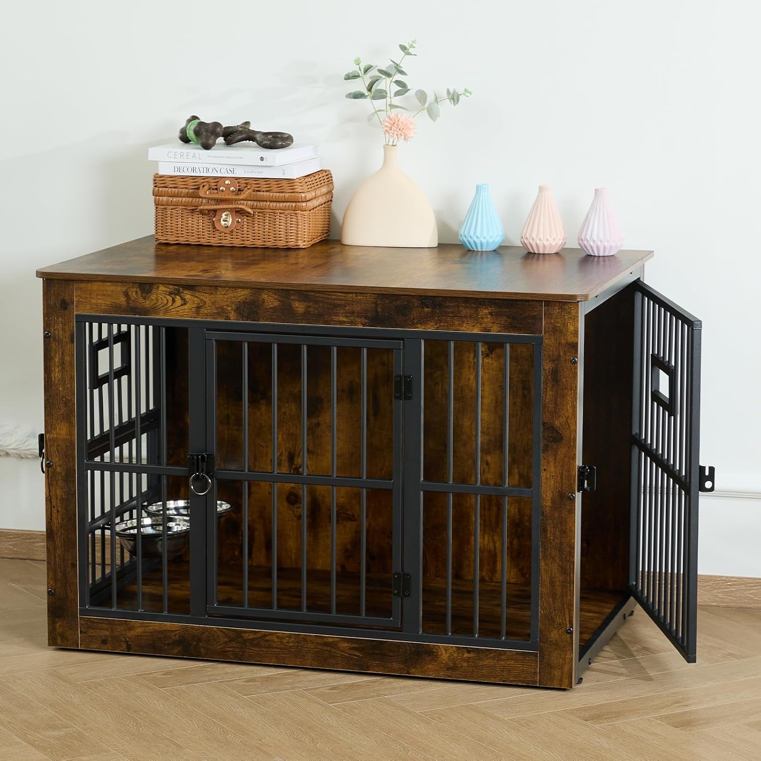 Dog Crate Furniture for Medium Dogs, 38.8 Inch Dog Kennel Indoor, Wooden Dog Cage End Table with 2 Removable Bowls, Heavy Duty Dog Crate, Rustic Brown