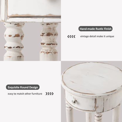 Tall End Table with Drawer, 2-Tier Rustic round Side Table with 4 Wood Leg, White Nightstand with Hand-Painted Finish, Small Accent Table for Living Room, Bedroom, Distressed Off-White