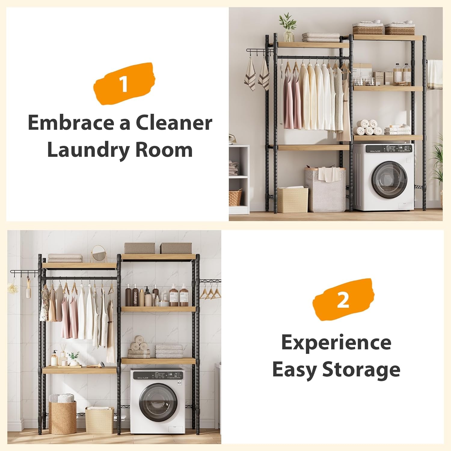 30" 5-Tier Over-The-Washer Shelf – Adjustable Height Laundry Organizer with Double-Layer Wood Shelves (100LB Capacity), Space-Saving Storage for Bathroom, Laundry Room, Balcony (Natural, Black)