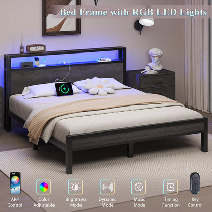 Queen Size Bed Frame with Storage Headboard and LED Lights, Industrial Platform Bed with Charging Station, Heavy Duty Metal Slats, No Box Spring Need, Noise Freee, Grey