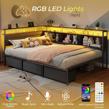 Full Size Bed Frame with Headboard and Storage Drawers, Full Metal Platform Corner Bed Frame with Charging Station and LED Lights, Heavy Duty Strong Support Slats and Easy to Assemble, Black