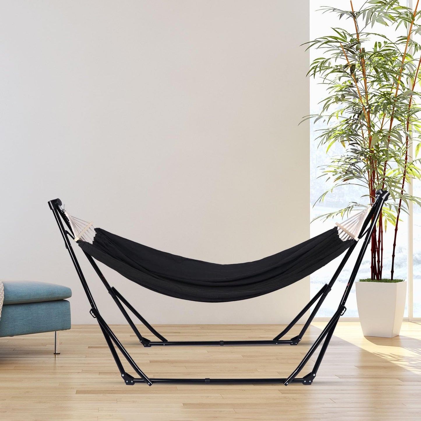 2 in 1 Hammock with Stand - Portable Hammock & Swing Chair, No Tools Assembly, with Carry Bag, Indoor Outdoor for Patio, Garden, Camping, Apartment (Black)