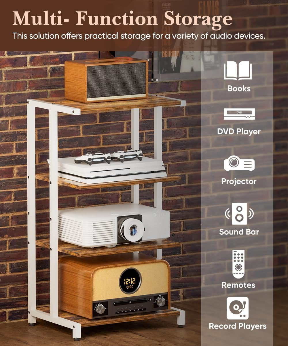 4-Tier Media Storage Stand, Audio Media Rack for Living Room, Gaming Room, Music Studio, Wooden Game Console Shelf for TV Accessories/Audiovisual Equipment/Optical Disc/Ps4, White