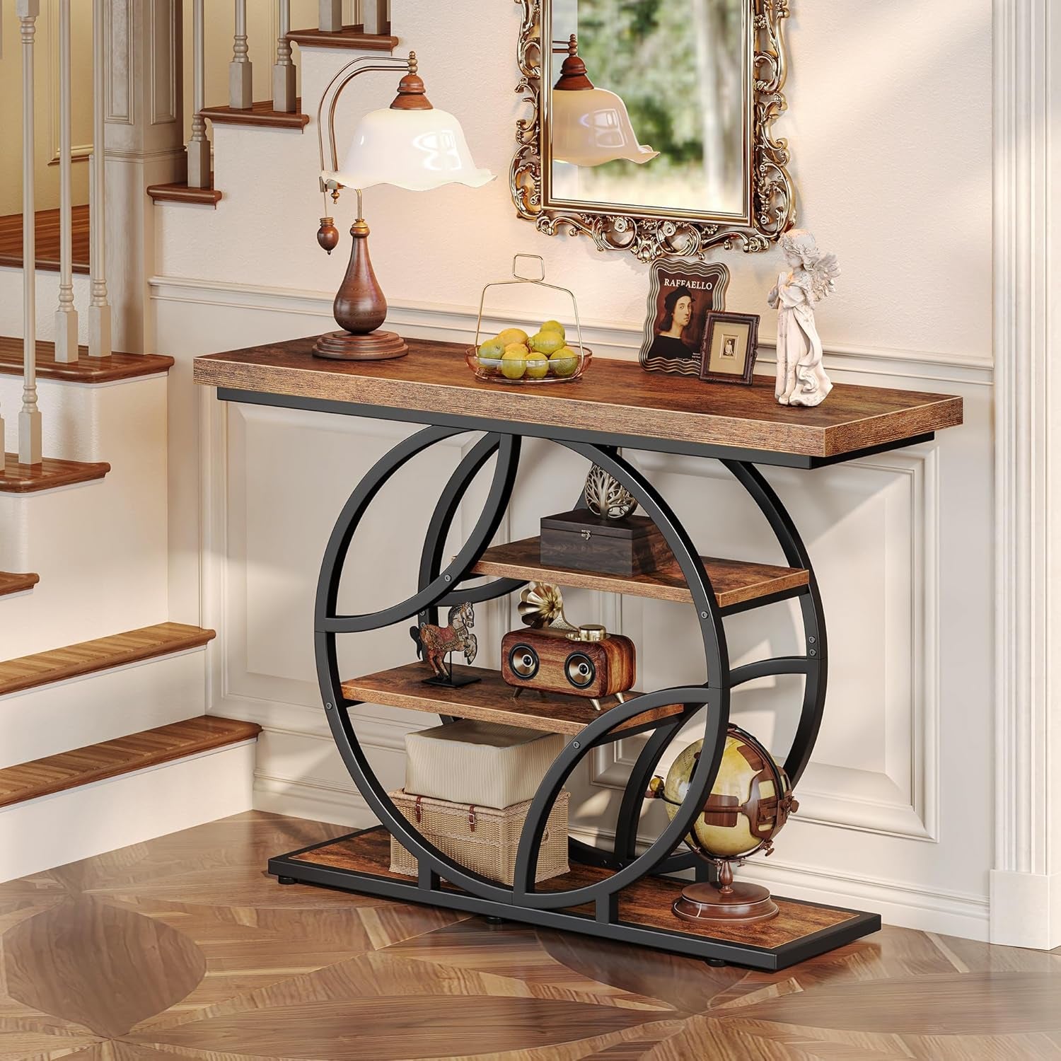 Modern Console Table, 41.3 Inch Sofa Table with Artistic Curved Metal Frame, Narrow Entryway Table for Hallway, Living Room, behind Couch, Rustic Brown
