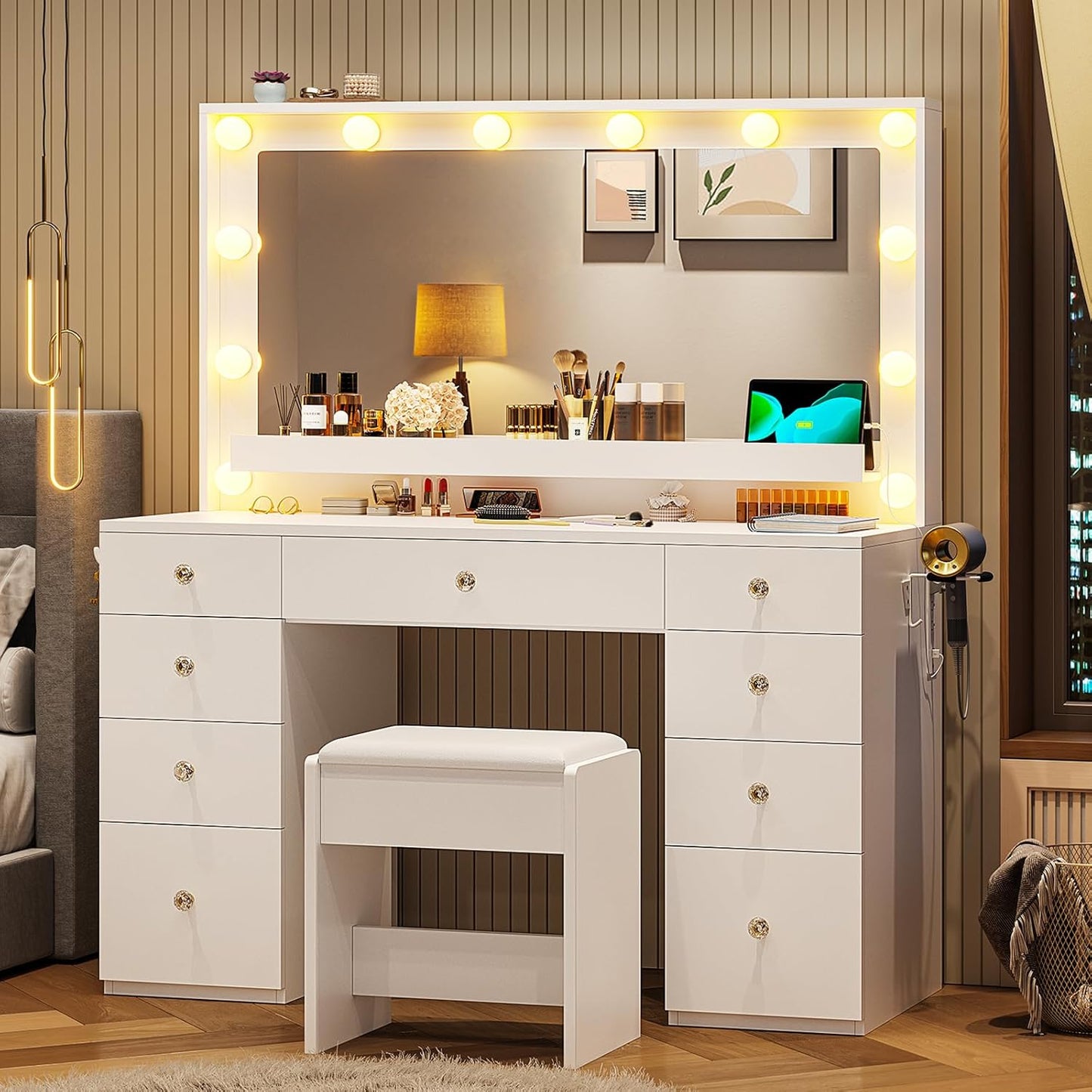 Makeup Vanity Desk with Large Lighted Mirror and 9 Drawers, Large Vanity Desk with Storage Rack, Hook, Crystal Handle, White Bedroom Dressing Table Set with Charging Station, Lights Adjustable
