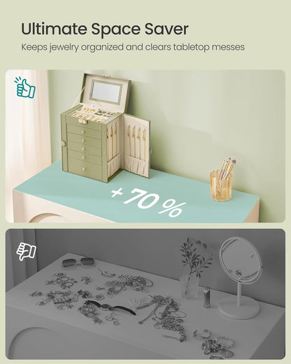 6-Layer Jewelry Box Organizer with 5 Drawers, Jewelry Storage Case with Lock and Mirror, Large Storage Capacity, Gift for Loved Ones, for Necklaces, Watches, Sage Green UJBC152CE01S