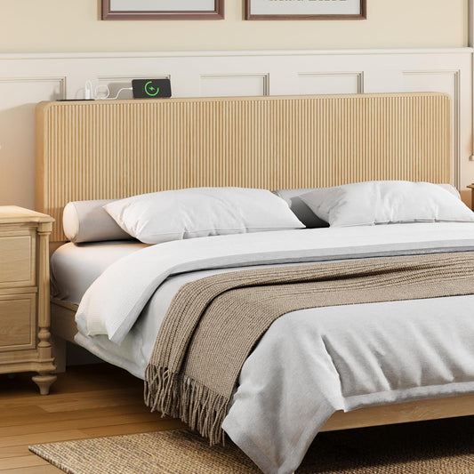 Fluted Headboard Queen Size, Modern Boho Queen Headboard Only, Wood Wall Mounted Headboard with 2 Outlets and USB & Type C Port, Curved Wooden Bed Headboards Bedroom Decor, Natural