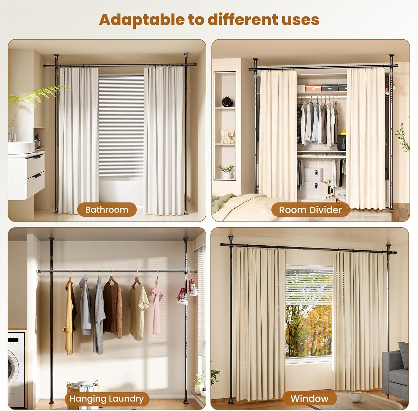 Room Divider Curtain Rods No Drilling, Adjustable 4-10Ft(H) Wall Divider for Room Separation, Temporary Privacy Tension Curtain Rods, Freestanding Space Room Separator, Black