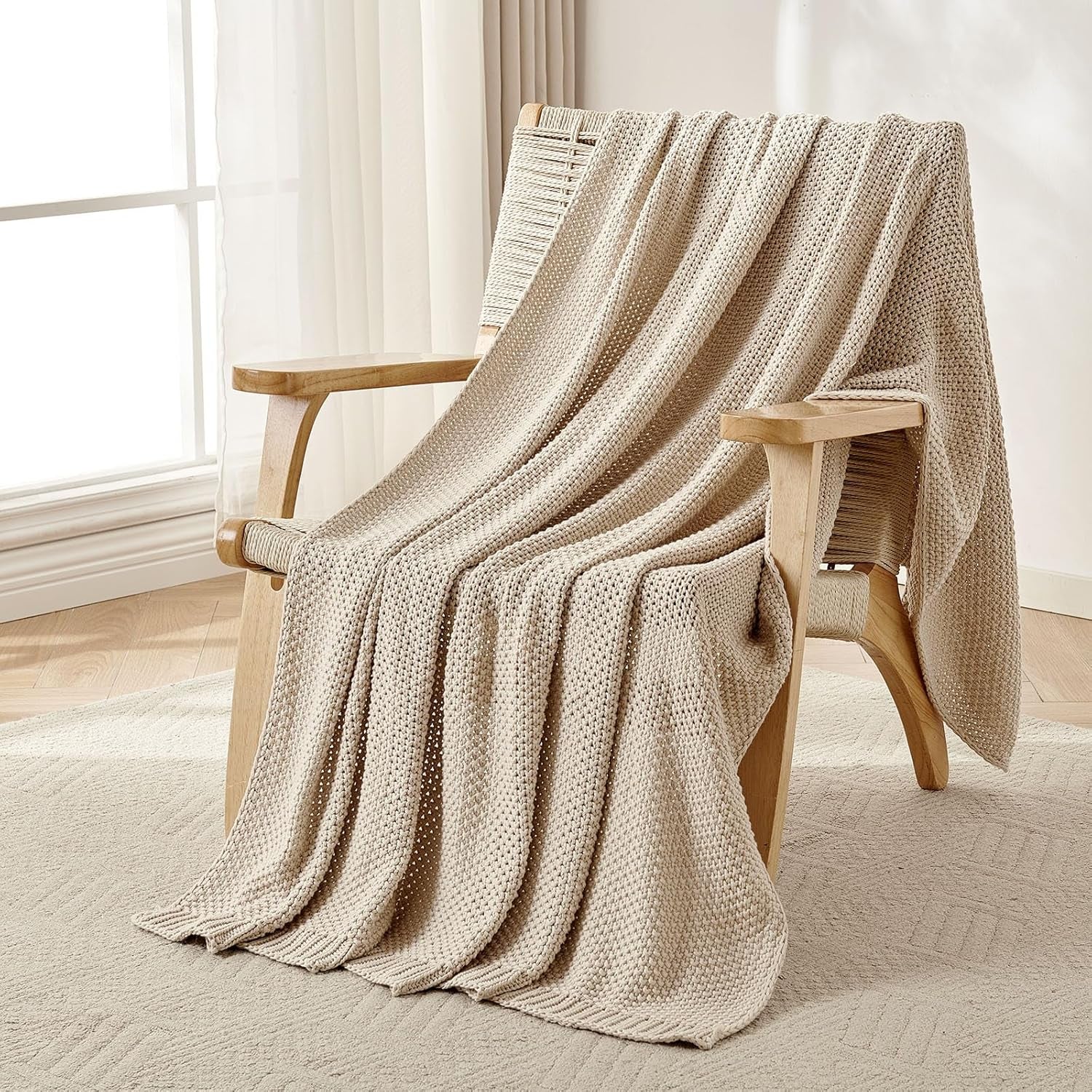 Chunky Cable Knit Throw Blanket, Lightweight 100% Organic Cotton Soft Cozy Throw Twin Blanket for Couch Bed and Sofa, Rustic Breathable Farmhouse Blanket Gift for Women Men(Beige, 51"X63")
