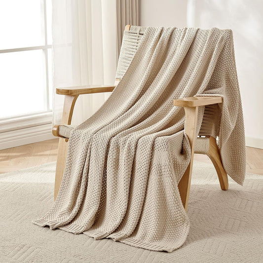 Chunky Cable Knit Throw Blanket, Lightweight 100% Organic Cotton Soft Cozy Throw Twin Blanket for Couch Bed and Sofa, Rustic Breathable Farmhouse Blanket Gift for Women Men(Beige, 51"X63")