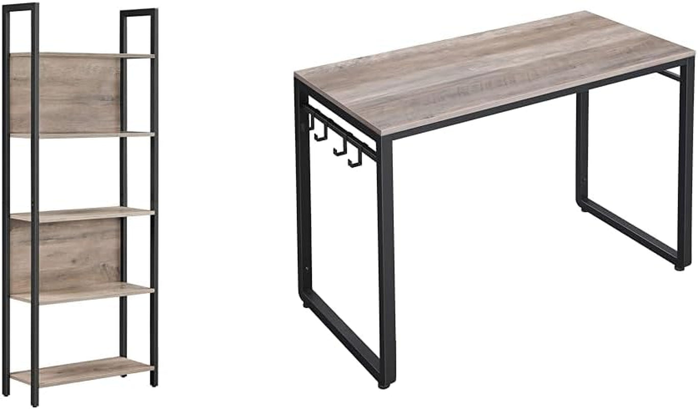 5-Tier Bookshelf and Computer Desk, Industrial Home Office Furniture Bundle, Steel Frame