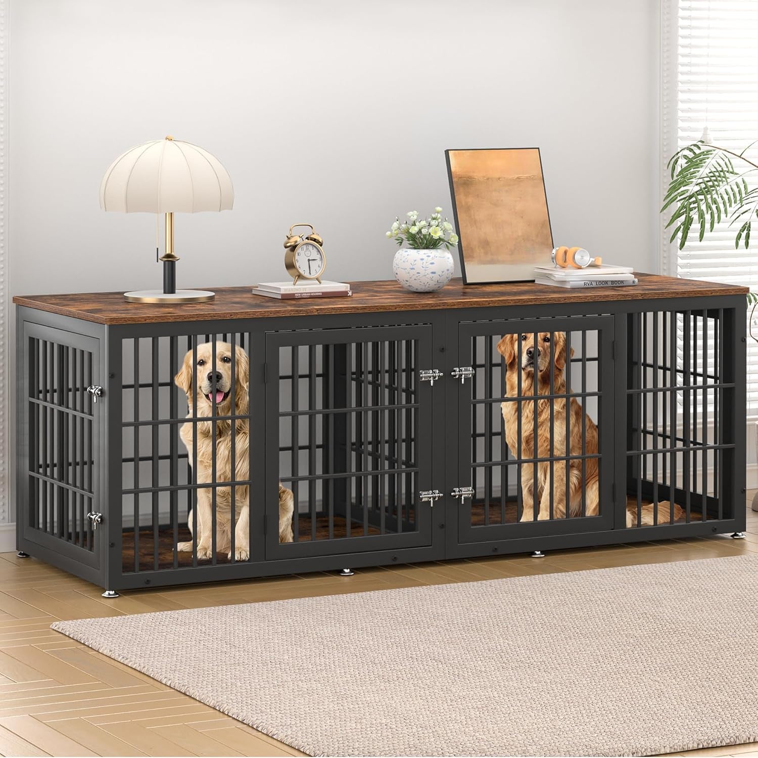 78 Inch Double Dog Crate Furniture, Heavy Duty Extra Large Cage Furniture with Divider for 2 Dogs, Decorative Wooden Kennel Furniture Indoor, Metal Pet House for Large and Medium Dogs