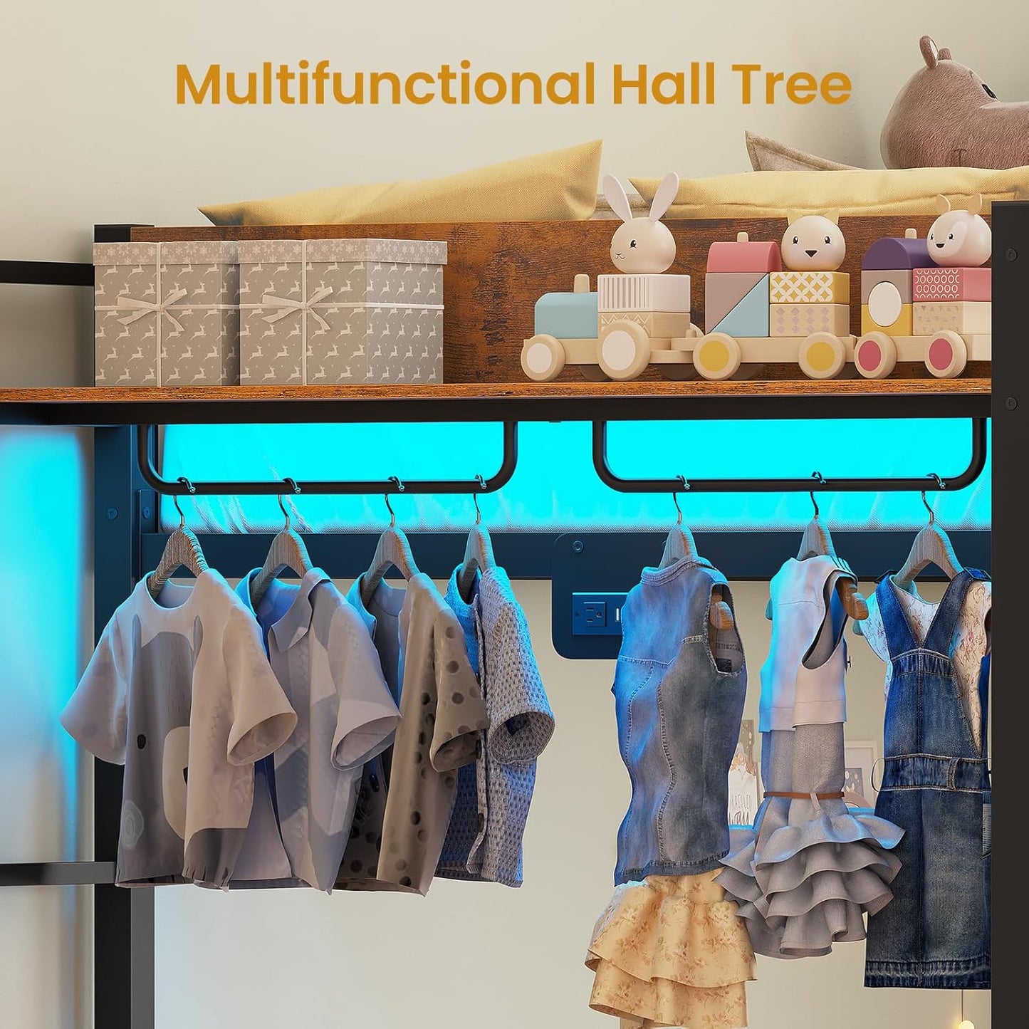 Metal Bunk Bed Twin over Twin with Hall Tree, Power Outlet, LED Bunk Bed with 4 Storage Drawers, Bed with Safety Guardrail & Ladders, No Box Spring Needed, Easy Assembly, Rustic Brown