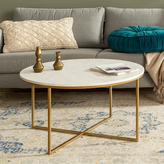 Modern Glam round Accent Faux White Marble Coffee Table with Gold X-Base, 36 Inch