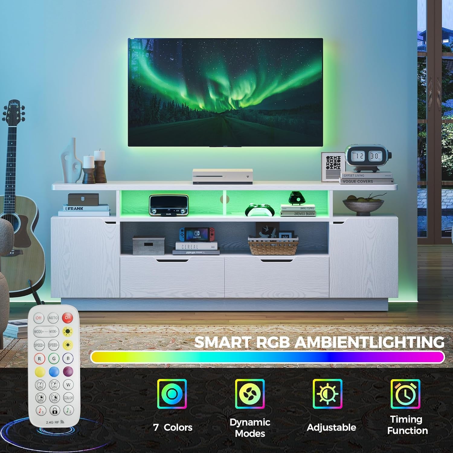 TV Stand for Tvs 85 Inch with Power Outlet and LED Lights, Entertainment Center with Storage Cabinets, Media TV Console with Drawers, Modern TV Stand for Living Room, White