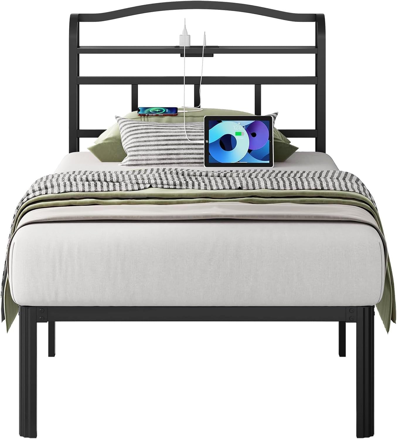 Metal Bed Frame with Headboard and USB & Type C Charging Station, Heavy Duty Metal Bed Frame No Box Spring Needed with Ample Storage Space - Easy Assembly and Noise Free(Black, Twin)