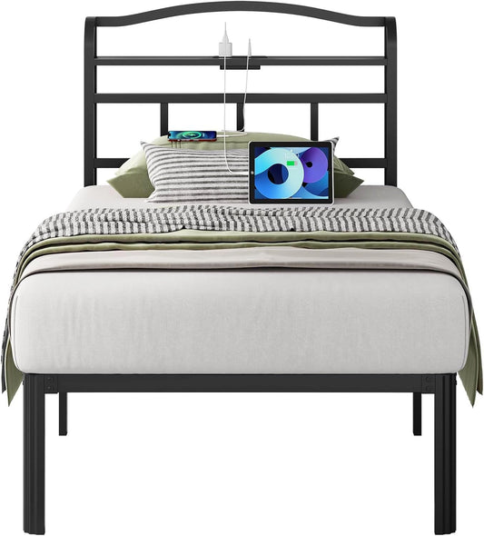 Metal Bed Frame with Headboard and USB & Type C Charging Station, Heavy Duty Metal Bed Frame No Box Spring Needed with Ample Storage Space - Easy Assembly and Noise Free(Black, Twin)